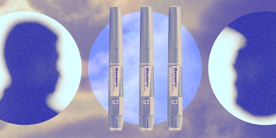 Photo Illustration: Obscured photos of a man with Ozempic injectables in the middle