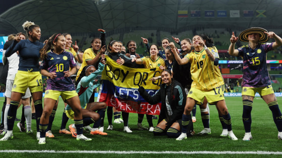 Las jugadoras de Colombia festejando su pase a cuartos de final del Mundial.
