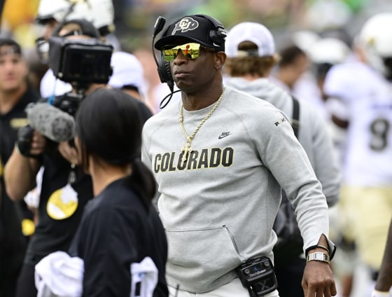 Colorado Buffaloes head coach Deion Sanders during a game against the Oregon Ducks at Autzen Stadium in Eugene, Ore.