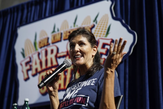 Image: Former South Carolina Governor and Ambassador to the United Nations Nikki Haley speaks during one of Iowa Governor Kim Reynolds' "Fair-Side Chats" at the Iowa State Fair on Aug. 12, 2023 in Des Moines.
