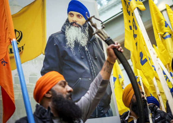 Protesters outside the Consulate General of India in Vancouver, British Columbia, on June 24, 2023, after the shooting of Hardeep Singh Nijjar.