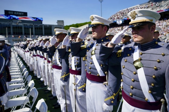 U.S. Military Academy graduating cadets salute at a commencement ceremony