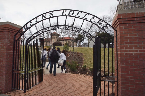 Students enter the City University of New York Queens College campus.