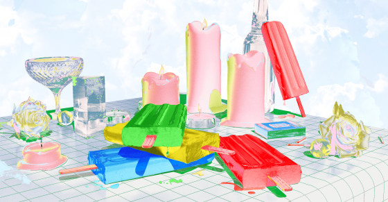 Illustration of paletas ice cream bars melting on a counter dressed as an altar, with candles, roses, and ice.