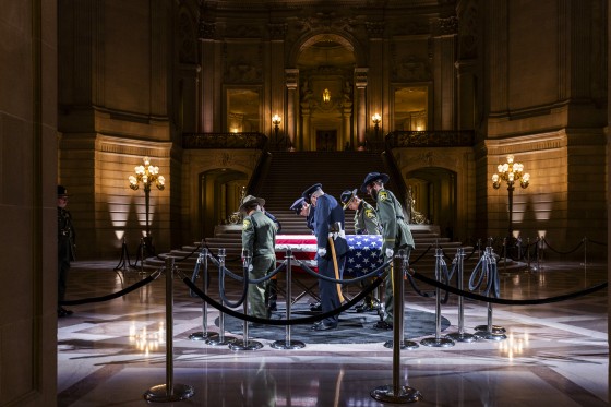The late Sen. Dianne Feinstein is carried out to a hearse after lying in state in San Francisco City Hall on Oct. 4, 2023.