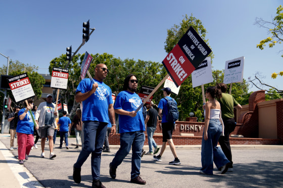WGA supporters on a picket line outside Disney Studios in Burbank, Calif.
