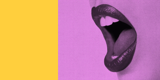 Close-up collage of open mouth against pink and yellow background