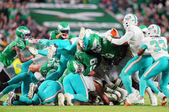 Philadelphia Eagles execute a tush push for a first down during the game against Miami Dolphins on Oct. 22, 2023.