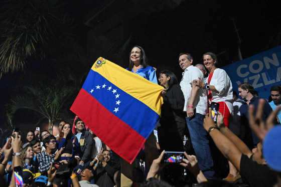 Venezuelan presidential hopeful Maria Corina celebrates the results of the opposition's primary elections at her party headquarters in Caracas on Oct. 22, 2023.