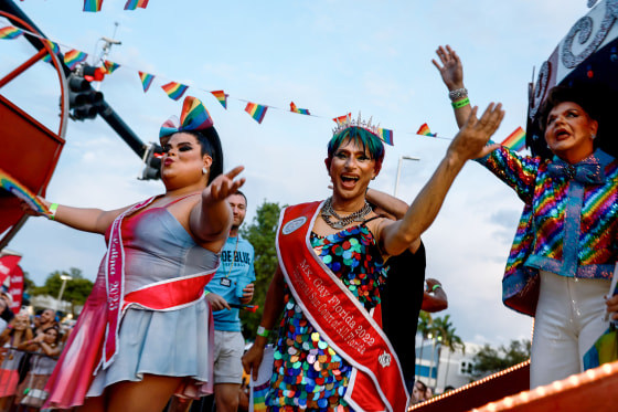 Drag queens ride on a float during the Stonewall Pride parade on June 17, 2023 in Wilton Manors, Fla.