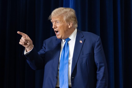 Donald Trump points during a campaign event in Derry, N.H.