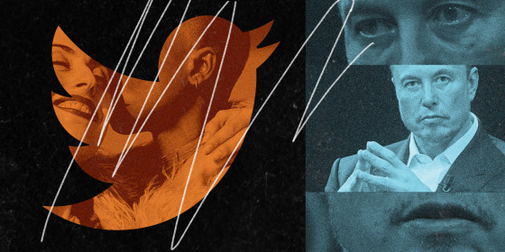 Gay couple in cutout of twitter logo next to a vertical arrangement of three photos of Elon Musk tenting hands