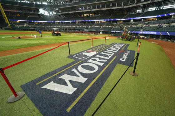 Stadium workers prepare Globe Life Field for the world series