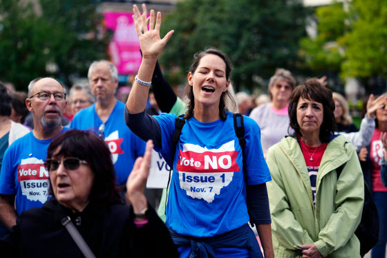 People gather and pray during an anti-abortion rally at the Ohio State House in Columbus in October. 
