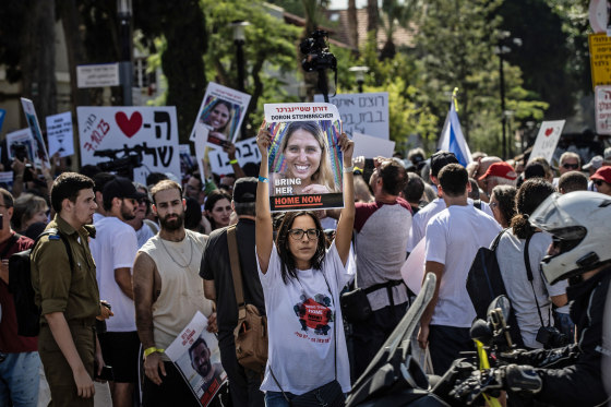 Israelis whose relatives are being held hostage in Gaza demonstrate in front of the Ministry of Defense in Tel Aviv on Oct. 26, 2023.