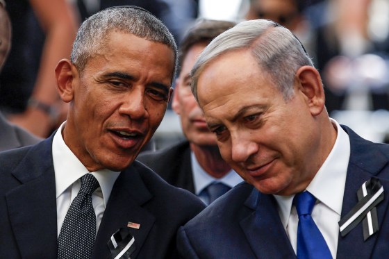 Former U.S. President Barack Obama speaks to Israeli Prime Minister Benjamin Netanyahu in Jerusalem on Sept. 30, 2016.