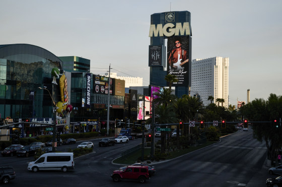 Signage outside the MGM Grand hotel and casino in Las Vegas on July 28, 2023.