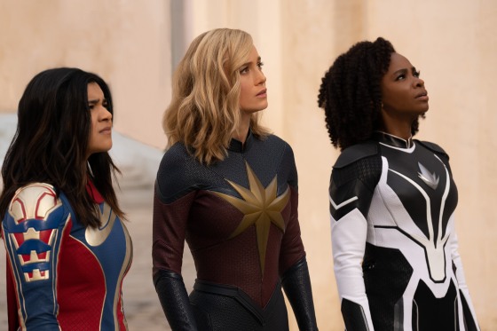 Iman Vellani as Ms. Marvel, Brie Larson as Captain Marvel and Teyonah Parris as Captain Monica Rambeau.