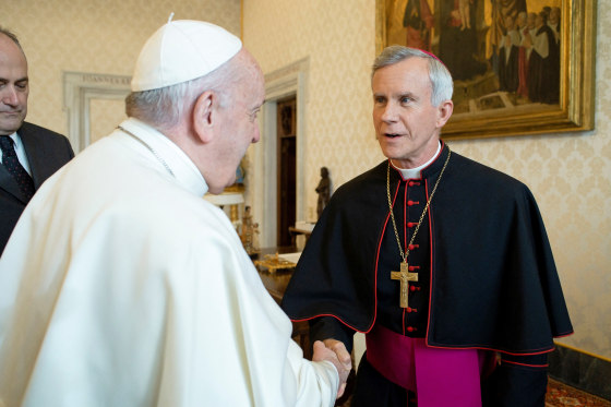 Pope Francis greets Bishop Joseph Strickland of Tyler, Texas, during a meeting with U.S. bishops at the Vatican in 2020.