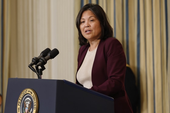 Acting Labor Secretary Julie Su speaks at the White House on Oct. 31, 2023. 