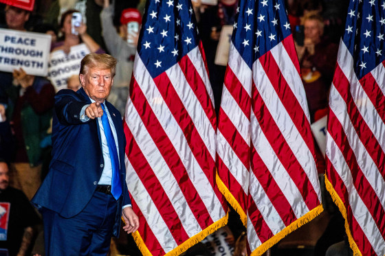 Image: Former president and 2024 presidential candidate Donald Trump leaves after speaking at a campaign rally in Claremont, N.H.,