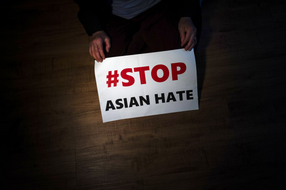 A sign from a rally against anti-Asian hate crimes in Los Angeles.