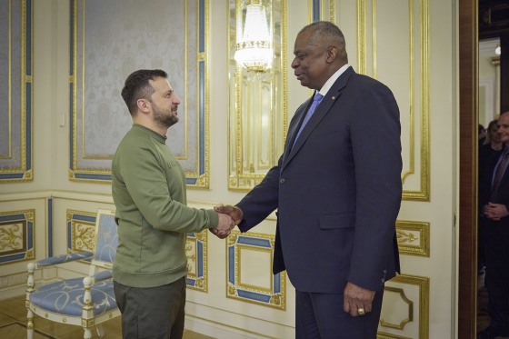 Ukrainian President Volodymyr Zelenskyy shakes hands with U.S. Secretary of Defense Lloyd Austin in Kyiv on Nov. 20, 2023.