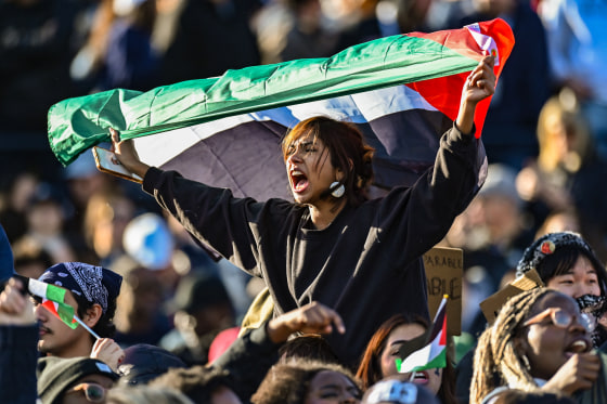 Yale Bulldogs students protest for Palestine during the game as the Harvard Crimson take on the Yale Bulldogs