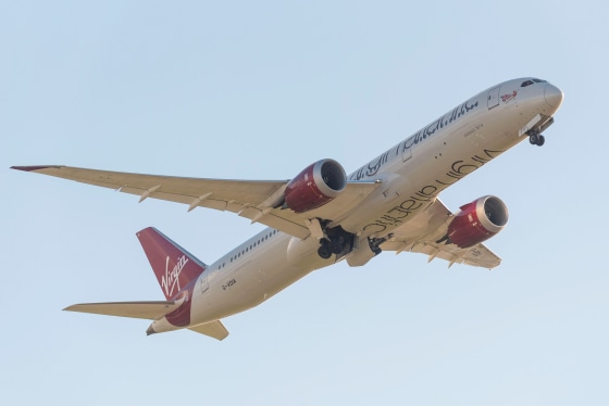 A Virgin Atlantic Airways Boeing 787-9 Dreamliner takes off from Heathrow airport flying entirely on sustainable aviation fuel on Nov. 28, 2023.