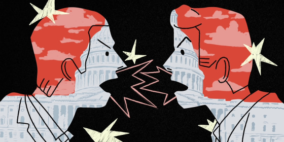 Silhouette of two politicians shouting at each other with drawing of Capitol Building in background