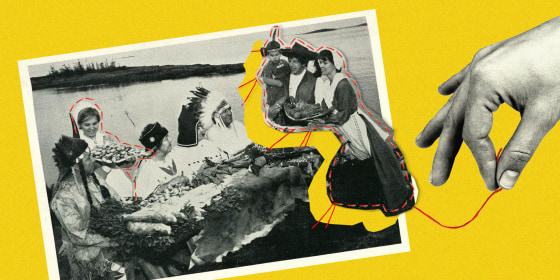 Hand pulls string sewing in image of three pilgrims into photo of 'first thanksgiving'