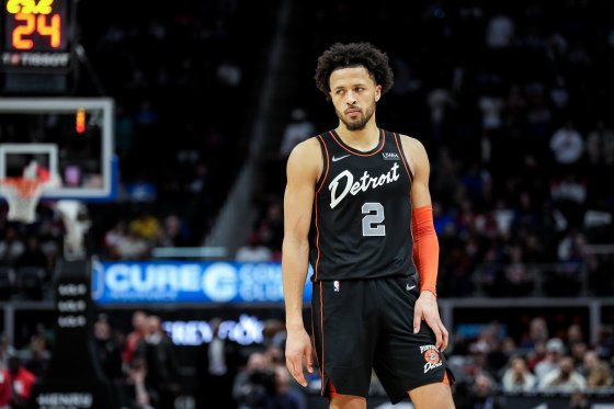 Cade Cunningham #2 of the Detroit Pistons during the fourth quarter against the Brooklyn Nets in Detroit, Mich. on Dec. 26, 2023. 