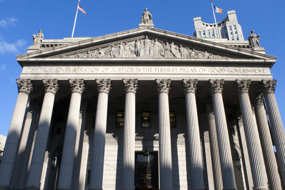 New York State Supreme Court building in Lower Manhattan showing the words 'The True Administration of Justice' on its facade in Manhattan.