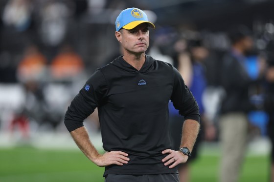 Head coach Brandon Staley of the Los Angeles Chargers before the game against the Las Vegas Raiders in Las Vegas