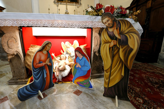 A nativity scene featuring two mothers of the Baby Jesus, instead of the conventional Mary and Joseph figurines, goes on display in the Church of Saints Peter and Paul in Capocastello di Mercogliano, Italy,