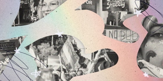 Images from LGBTQ related news stories this year are covered by a rainbow paper with cutouts