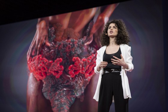 Neri Oxman gives a TED talk in 2015.