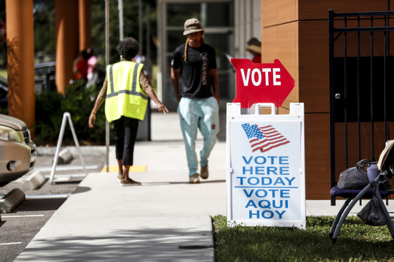Voters wait in line cast their ballots at a polling precinct during early voting