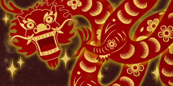Red and gold glowing dragon with paper texture curls out of corner of image