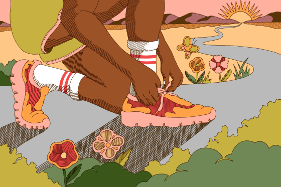 Image: A runner laces up her sneakers on a road with flowers, greenery, and butterflies heading towards a rising sun.