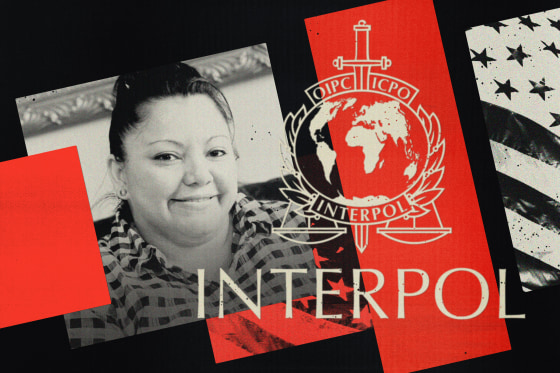 Photo illustration of Jessica Barahona-Martínez, an El Salvadorian woman who was detained by Interpol; the Interpol logo; an inverted American flag.