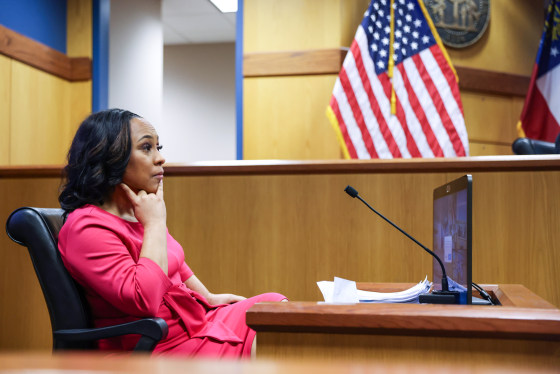 Fulton County District Attorney Fani Willis takes the stand as a witness during a hearing in the case of Georgia v. Donald Trump at the Fulton County Courthouse in Atlanta on Feb. 15.