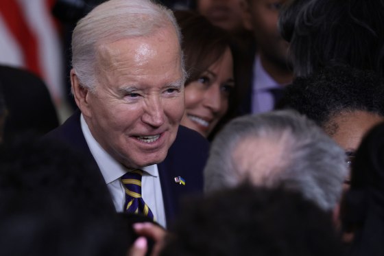 President Joe Biden greets guests during a Black History Month reception at the East Room of the White House on Feb. 6, 2024 in Washington, D.C..
