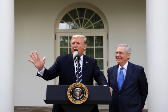 Donald Trump answers questions as Mitch McConnell smiles.
