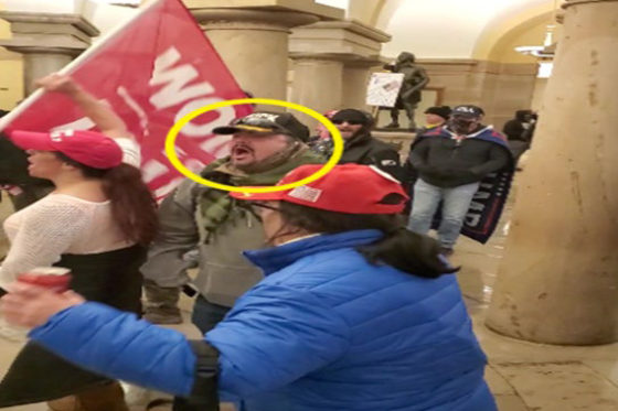 The FBI identified Miles Adkins, a member of the Frederick County School Board in Virginia, in this photo from the Capitol on Jan. 6, 2021.