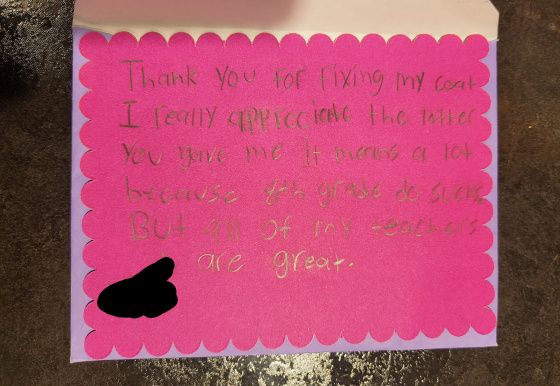 Teacher's Daughter Fixes Student's Ripped Coat With Sweet Note