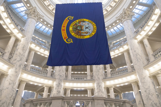 The Idaho state flag hangs in the State Capitol in Boise, Idaho on Jan. 9, 2023.