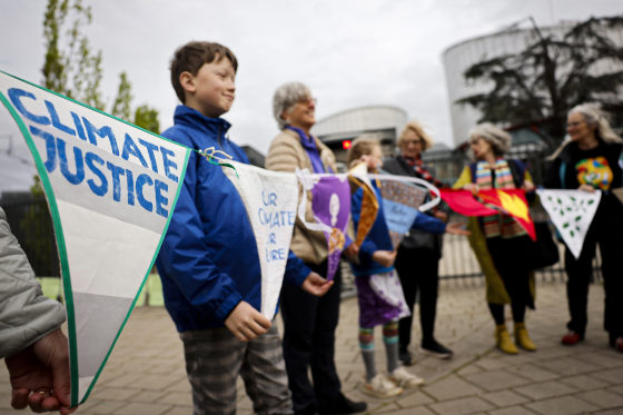 People demonstrate outside the European Court of Human Rights.