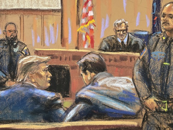 Courtroom sketch: Former President Donald Trump sits with his attorney Todd Blanch before Justice Juan M. Merchan in New York on April 15, 2024.