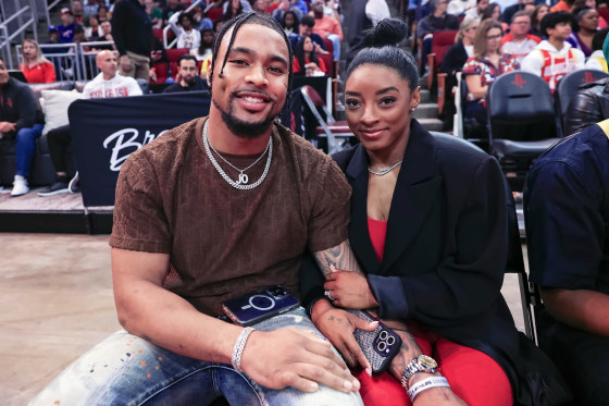 Jonathan Owens and Simone Biles at a game between the Houston Rockets and the Los Angeles Lakers in Houston on Jan. 29. 